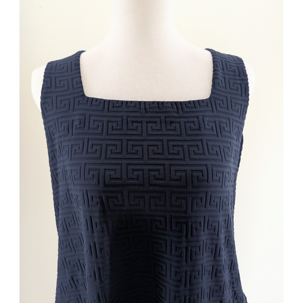 J.McLaughlin Navy Blue Greek Key Textured Knit Square Neck Shift Dress Small - Picture 3 of 7